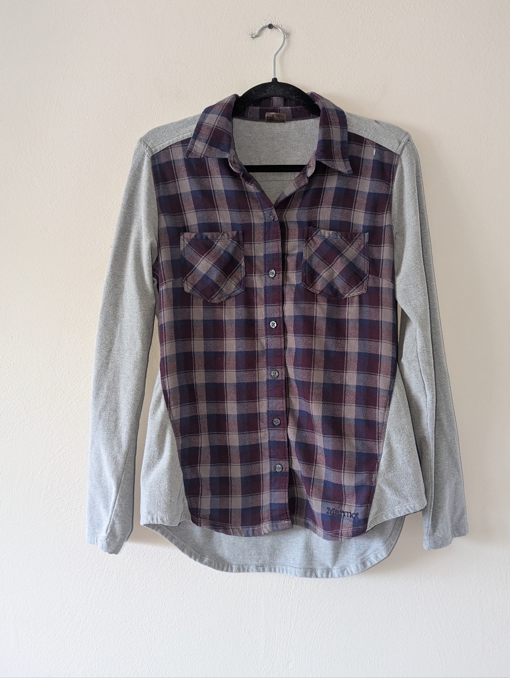 M Marmot Mixed Media Flannel Button‎ Front Purple Gray Top